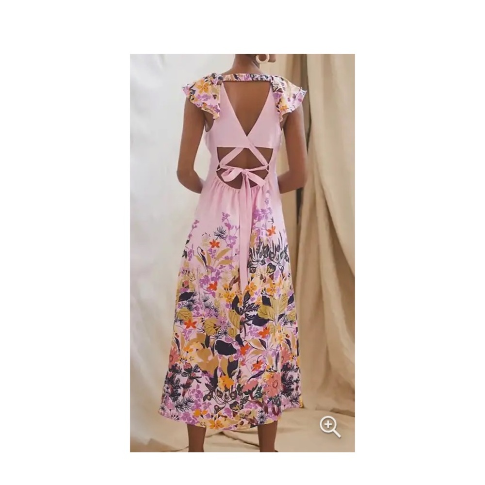 Anthropologie Floral Open Back Ruffle Neckline Maxi Dress XL NWOT